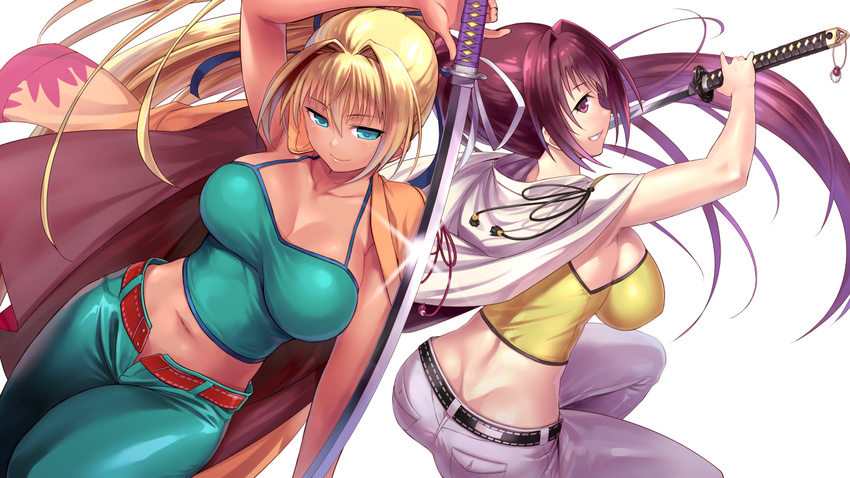 alternate_color alternate_eye_color alternate_hair_color aqua_eyes arm_at_side armpits bare_shoulders blonde_hair breasts camisole collarbone crop_top dark_skin dual_persona from_side gyaru hair_between_eyes impossible_clothes katana large_breasts light_smile lips long_hair looking_at_viewer midriff multiple_girls navel ono_misao parted_lips player_2 ponytail purple_eyes purple_hair sword under_night_in-birth very_long_hair weapon yuzuriha_(under_night_in-birth)