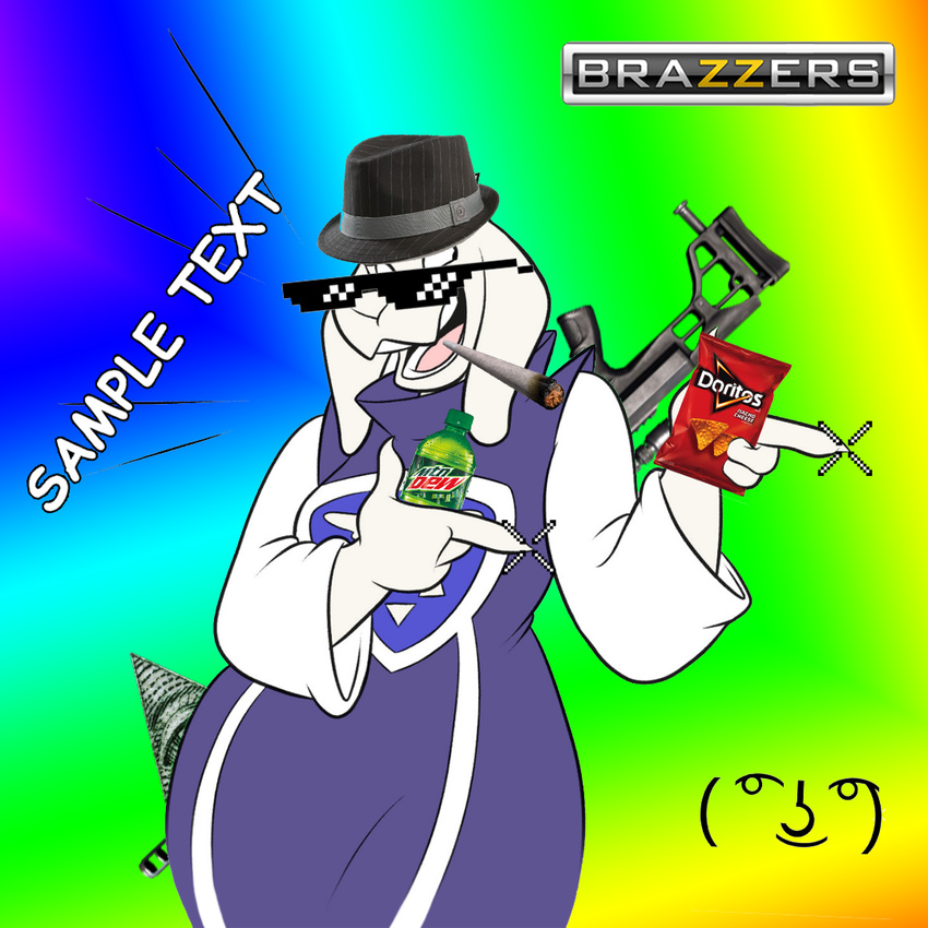 anthro badgengar bag beverage boss_monster bottle brazzers caprine chips_(disambiguation) clothing comic_sans doritos drugs english_text eyewear fedora female food fur goat gradient_background gun hat hitmarker humor illuminati invalid_color lenny_face mammal marijuan mlg mountain_dew rainbow ranged_weapon redrockuniverse rifle sample_text scope simple_background smile sniper_rifle soda solo sunglasses text tongue toriel undertale video_games weapon