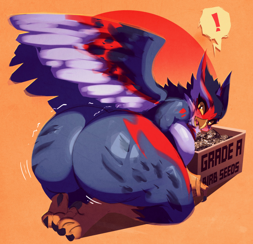 2019 anthro avian bent_over big_breasts big_butt bird box breasts butt butt_focus claws dart_(nuttynut93) feathers feet female huge_butt kneeling looking_back nude on_ground riendonut seed simple_background slightly_chubby solo surprise thick_thighs toe_claws voluptuous wide_hips wings