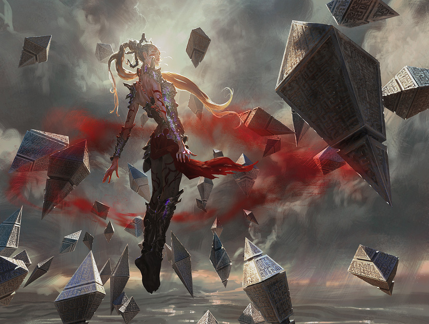 armor armored_boots back blonde_hair blood blood_on_face boots bracer cloud cloudy_sky floating from_behind full_body grey_legwear hemokinesis johannes_voss knee_boots levitation lips long_hair looking_afar looking_back magic:_the_gathering marking_on_cheek markings octahedron official_art outdoors pantyhose ponytail red_eyes red_lips red_skirt shoulder_armor shoulder_spikes skirt sky solo spaulders spikes tattoo telekinesis vampire vampire_envoy