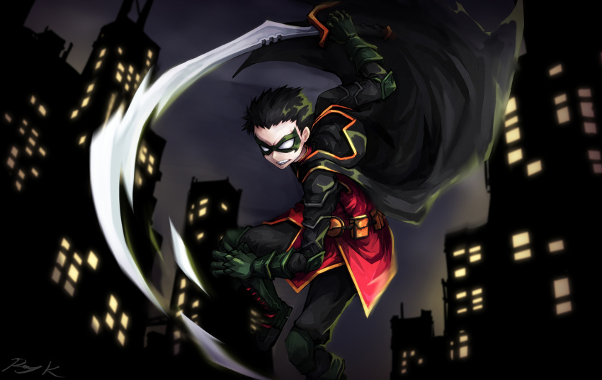 1boy artist_name belt_pouch black_cape black_hair black_pants boots cape city commentary_request damian_wayne dc_comics frown gloves green_footwear green_gloves green_hair knee_boots male_focus mask night outdoors pants pouch ray-k robin signature solo sword teeth weapon