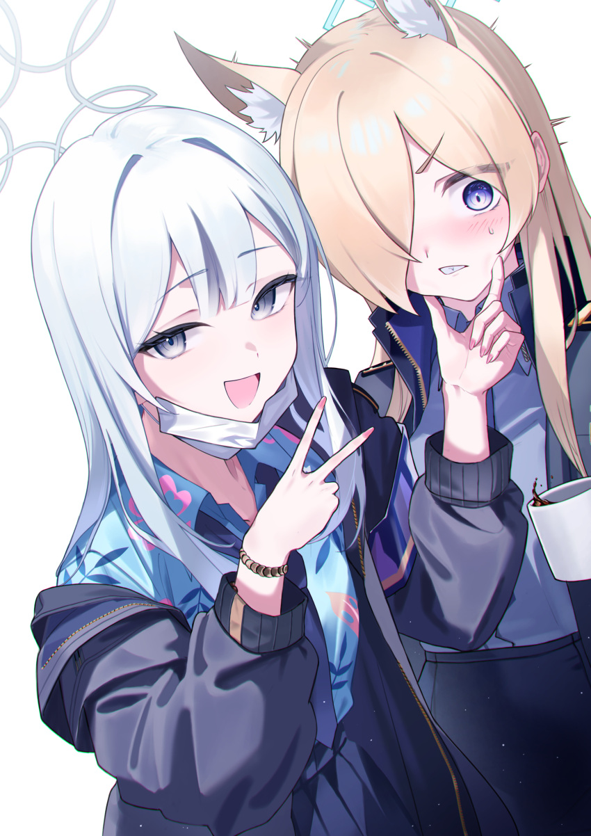 2girls absurdres animal_ears blonde_hair blue_archive blue_eyes blue_jacket blue_necktie blue_shirt blue_skirt blush coffee coffee_mug collared_shirt commentary_request cup dog_ears dog_girl embarrassed grey_eyes grey_hair hair_over_one_eye halo hand_on_another's_cheek hand_on_another's_face hawaiian_shirt highres inward_v jacket kanna_(blue_archive) konoka_(blue_archive) long_hair long_sleeves looking_at_viewer mask mask_pull mouth_mask mug multiple_girls necktie one_eye_covered open_clothes open_jacket open_mouth pencil_skirt pleated_skirt rubisco shirt sidelocks simple_background skirt smile twitching upper_body v v-shaped_eyebrows white_background white_mask