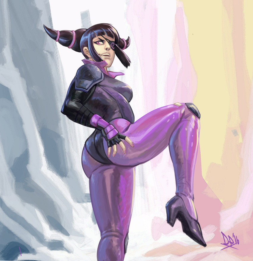 1girl ass black_hair bodysuit diepod drill_hair dudou eyepatch from_below han_juri highres leg_lift solo street_fighter street_fighter_v twin_drills