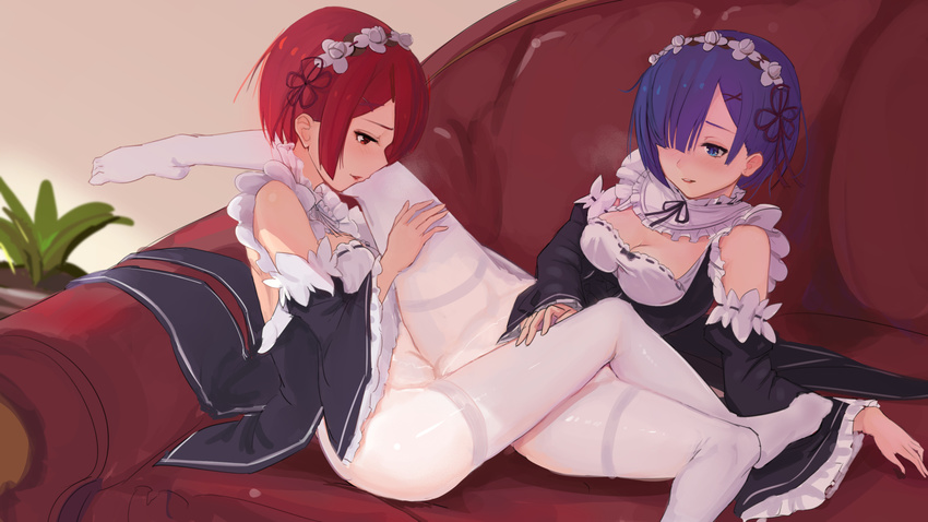 arm_support bangs black_dress blue_eyes blue_hair blunt_bangs blush couch crotch_seam detached_sleeves dress dress_lift frilled_sleeves frills hair_ornament hair_over_one_eye hair_ribbon hairband hairclip highres incest indoors long_sleeves magic_xiang maid md5_mismatch multiple_girls no_shoes on_couch pantyhose purple_ribbon ram_(re:zero) re:zero_kara_hajimeru_isekai_seikatsu red_eyes red_hair rem_(re:zero) ribbon short_hair siblings sisters sitting spread_legs thighband_pantyhose tribadism twincest twins white_legwear wide_sleeves x_hair_ornament yuri