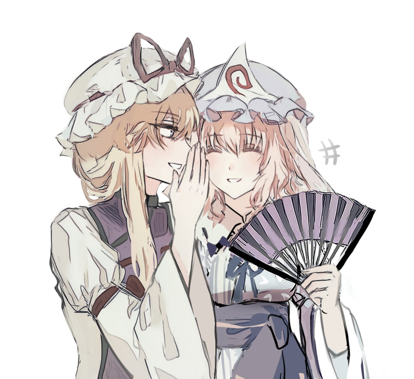 +++ 2girls blonde_hair blue_hat blue_kimono bow closed_eyes commentary_request dress folding_fan hair_bow hand_fan hat hat_ribbon holding holding_fan japanese_clothes kimono mob_cap multiple_girls onigiri_222x714 pink_hair purple_tabard red_ribbon ribbon saigyouji_yuyuko simple_background smile tabard touhou triangular_headpiece white_background white_dress white_hat yakumo_yukari