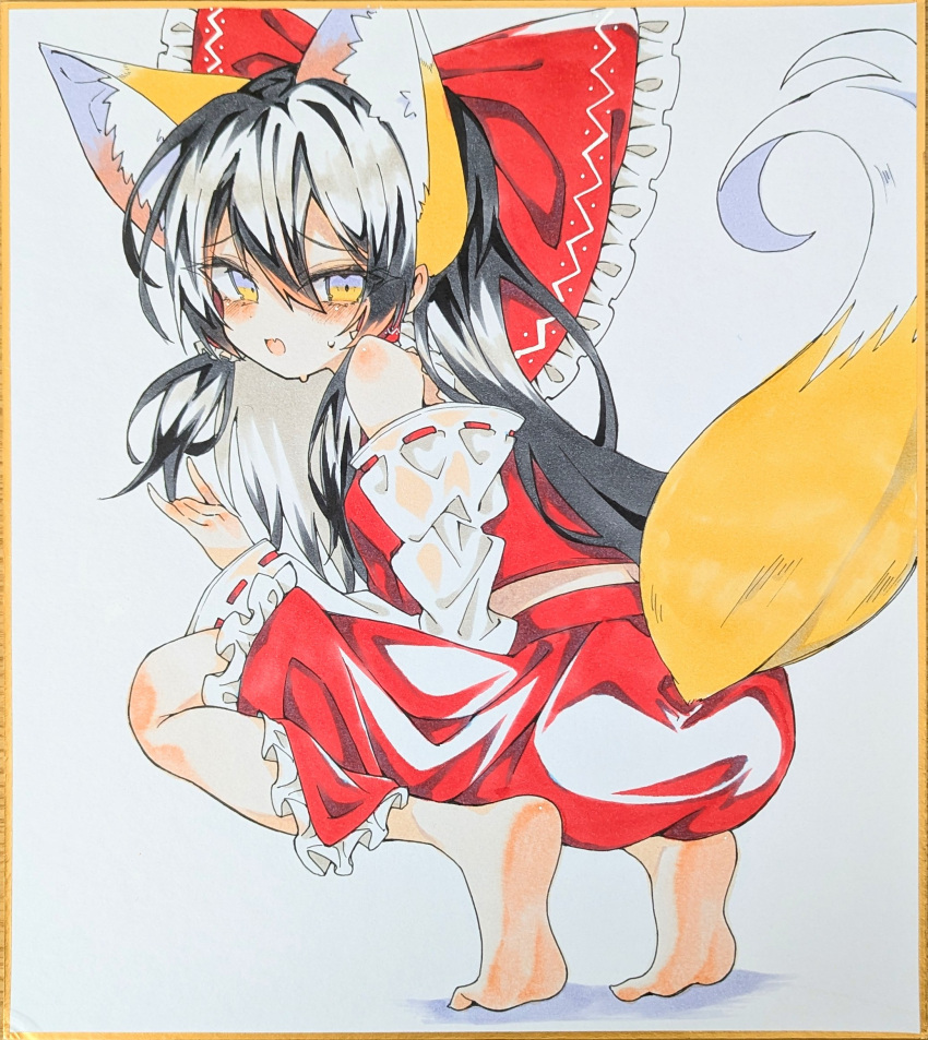 1girl animal_ear_fluff animal_ears ass barefoot black_hair blush bow commentary_request detached_sleeves feet fox_ears fox_girl fox_tail frilled_bow frilled_hair_tubes frilled_skirt frills hair_bow hair_tubes hakurei_reimu highres kemonomimi_mode long_hair looking_at_viewer open_mouth red_bow red_skirt ribbon-trimmed_sleeves ribbon_trim seika_okawari shikishi skirt skirt_set soles solo squatting sweat tail tiptoes touhou traditional_media yellow_eyes