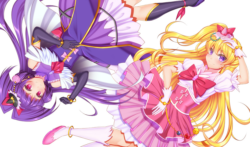 asahina_mirai black_footwear black_gloves black_hat blonde_hair boots bow bracelet brooch cure_magical cure_miracle elbow_gloves frills gloves hair_bow half_updo hat highres izayoi_liko jewelry knee_boots long_hair looking_at_viewer magical_girl mahou_girls_precure! mini_hat mini_witch_hat multiple_girls pink_bow pink_hat pink_skirt ponytail precure purple_eyes purple_hair purple_skirt red_bow rotational_symmetry shiboru skirt smile white_background white_footwear white_gloves witch_hat