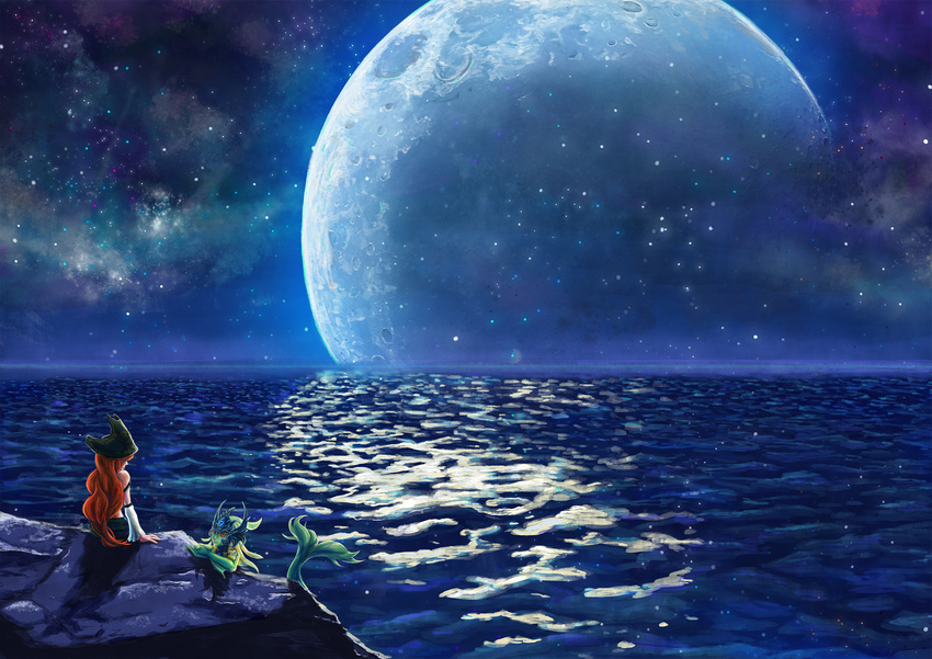 bare_shoulders blonde_hair crossed_arms full_moon hat highres league_of_legends linshi long_hair looking_at_another mermaid monster_girl moon multiple_girls nami_(league_of_legends) night ocean pirate_hat red_eyes red_hair sarah_fortune sky star_(sky) starry_sky yuri