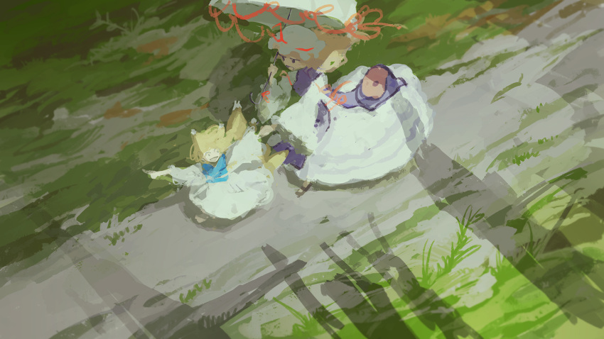 2girls aged_down animal_ears blonde_hair child commentary_request dragging dress fox_ears fox_girl fox_tail full_body grass hat highres holding holding_hands holding_umbrella long_hair looking_at_viewer mob_cap multiple_girls niy_(nenenoa) open_mouth outdoors pointing pointing_forward purple_tabard running short_hair smile tabard tail touhou umbrella white_dress white_hat wide_shot yakumo_ran yakumo_yukari