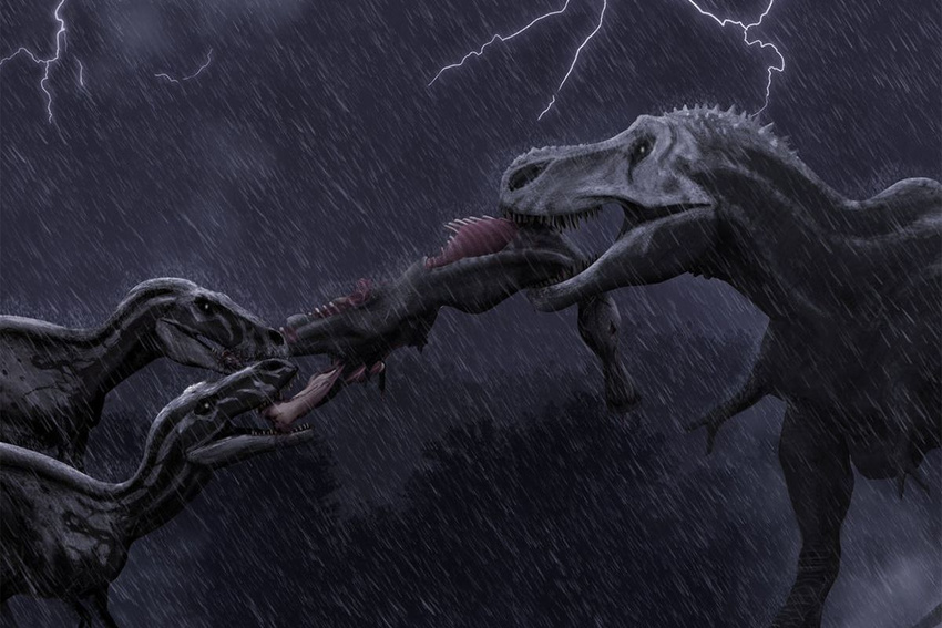 blood bone claws cloud dinosaur fight gore hadrosaur lightning raining size_difference skull_pattern spikes teeth theropod tugging two_claws tyrannosaurus_rex young