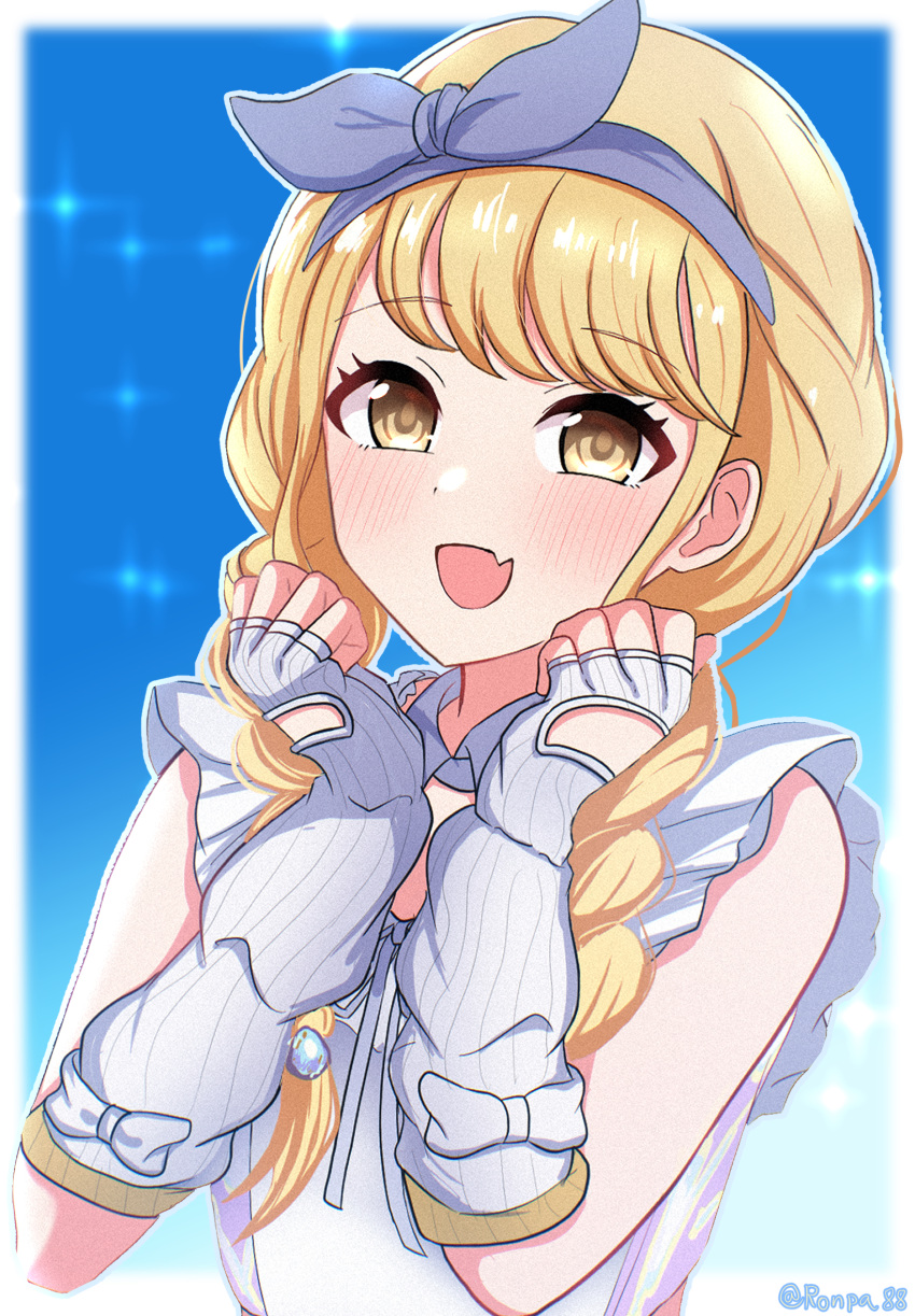 1girl arm_warmers blonde_hair blush braid commentary_request fujita_kotone gakuen_idolmaster highres idolmaster long_hair looking_at_viewer open_mouth ronpa shirt sleeveless sleeveless_shirt smile solo twin_braids upper_body yellow_eyes