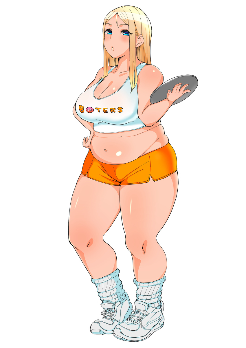 absurdres bare_shoulders belly blonde_hair blue_eyes brand_name_imitation breasts cleavage fat fat_folds hand_on_hip highres hooters huge_breasts long_hair looking_at_viewer morisoba_(silent_hill) no_legwear parted_lips plump short_shorts shorts solo tank_top thick_thighs thighs tray