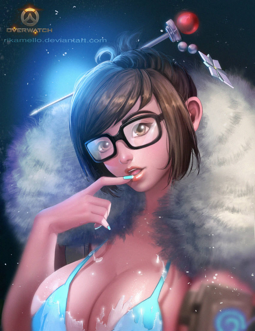 aqua_nails artist_name bangs beads bikini bikini_top black-framed_eyewear blue_bikini blurry breasts brown_eyes brown_hair cleavage coat copyright_name depth_of_field deviantart_username dress finger_to_mouth fingernails frozen fur_trim glasses hair_bun hair_ornament hair_stick hand_up head_tilt highres ice large_breasts lips long_fingernails looking_at_viewer mei_(overwatch) nail_polish open_clothes open_mouth overwatch parka pinky_out rikamello short_hair sidelocks snowflake_hair_ornament solo strap_gap swept_bangs swimsuit tongue upper_body watermark web_address winter_clothes winter_coat