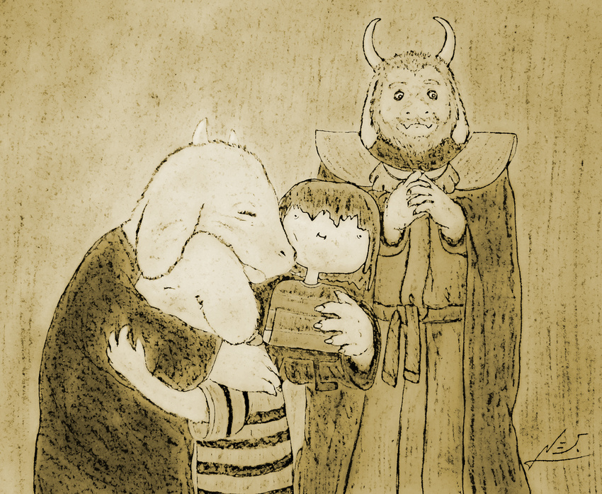 asgore_dreemurr asriel_dreemurr beard cape caprine cloak clothing facial_hair family female goat hair hands_folded holt5 horn hug human invalid_tag kneeling male mammal monochrome monster nuzzling protagonist_(undertale) shirt standing stripes toriel tunic undertale video_games