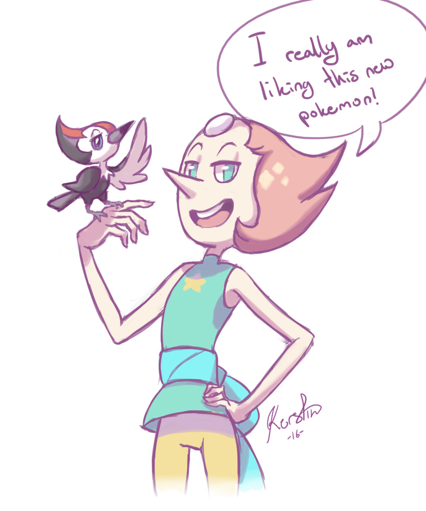 2016 alien avian beak bird blue_eyes cartoon_network crossover dialogue duo english_text eviart female forehead_gem gem_(species) hair humanoid nintendo pearl_(steven_universe) pikipek pink_hair pok&eacute;mon size_difference smile speech_bubble steven_universe text video_games