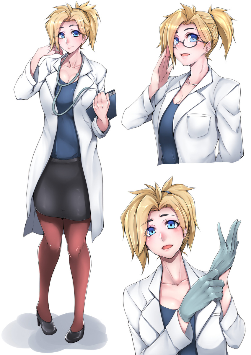 bespectacled blonde_hair blue_eyes breasts brown_legwear cleavage doctor gggg glasses gloves high_ponytail highres labcoat large_breasts looking_at_viewer mercy_(overwatch) multiple_views open_mouth overwatch pantyhose pencil_skirt rubber_gloves short_hair skirt smile stethoscope