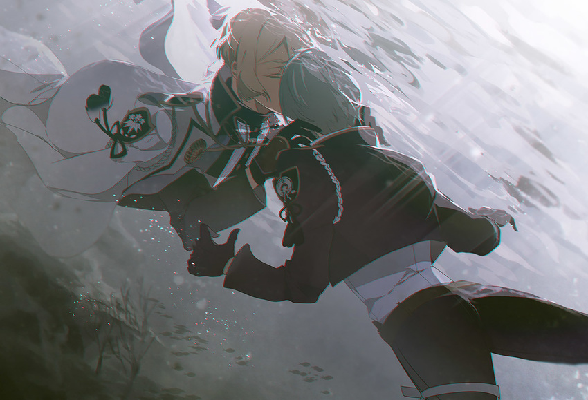 aiguillette animal back bad_id bad_pixiv_id black_gloves black_jacket black_pants blonde_hair caustics closed_eyes cropped_jacket emblem gloves green_hair higekiri_(touken_ranbu) hizamaru_(touken_ranbu) jacket jacket_on_shoulders kiss light_particles light_rays long_sleeves loyalists male_focus multiple_boys pants school_of_fish seaweed submerged thigh_strap touken_ranbu underwater uniform water water_surface white_gloves yaoi