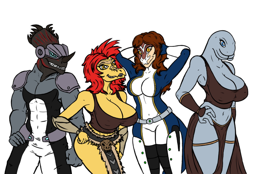 2016 alien anthro armor beyra_kusovai big_breasts breasts canine claws clothed clothing coyle female group hair halo_(series) horn jackal kig-yar lizard lizardman looking_at_viewer male mammal mass_effect mortal_rot(artist) nintendo nipples reptile sangheili scalie simple_background smile snake soul_calibur teeth video_games vonna_yar vulkin_zephoore