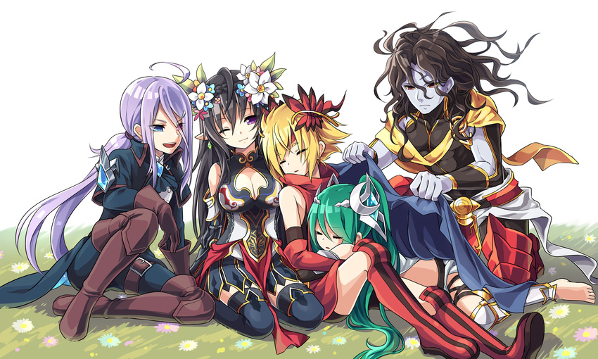 3boys absurdres ahoge apollo_(p&amp;d) ares_(p&amp;d) artemis_(p&amp;d) barefoot black_hair blanket blonde_hair blue_skin boots breasts cleavage earrings flower gloves green_hair hair_flower hair_ornament hermes_(p&amp;d) highres jewelry kozakura_(dictionary) large_breasts long_hair multiple_boys multiple_girls persephone_(p&amp;d) pointy_ears ponytail purple_hair puzzle_&amp;_dragons skirt sleeping thigh_boots thighhighs zettai_ryouiki