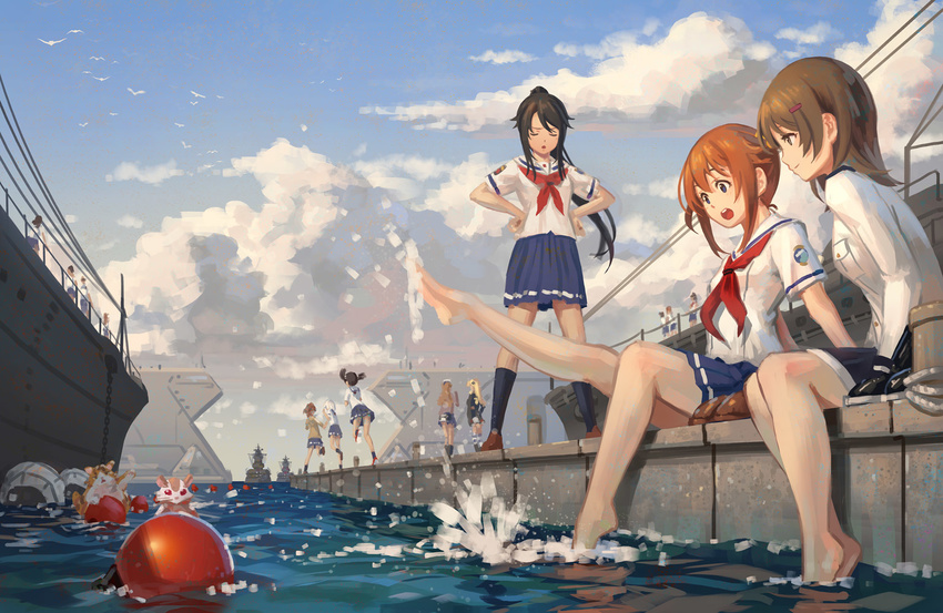 animal bangs bare_legs barefoot black_hair black_legwear blue_eyes blue_skirt blue_sky blush brown_eyes brown_hair cat china_moeka cloud day hamster hands_on_hips high_ponytail high_school_fleet irizaki_mei isoroku_(haifuri) kneehighs long_hair military military_uniform misaki_akeno multiple_girls munetani_mashiro neckerchief nosa_kouko open_mouth pinakes plantar_flexion pleated_skirt ponytail running school_uniform serafuku shiretoko_rin short_hair sitting skirt sky smile soaking_feet tateishi_shima twintails uniform wilhelmina_braunschweig_ingenohl_friedeburg yokosuka_girls_marine_high_school_uniform