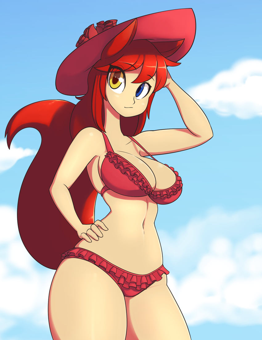 2016 amber_eye animal_humanoid blue_eyes bra breasts canine cleavage clothed clothing female fox fox_humanoid hair hat heterochromia humanoid kaitlin mammal panties pose red_hair skecchiart solo underwear yellow_eyes