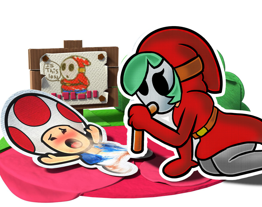 blush english_text eyelashes eyes_closed female green_hair hair hood humanoid male mario_bros mask nintendo open_mouth paper_mario shygirl shyguy speech_bubble straw suggestive text toad_(mario) unknown_artist video_games