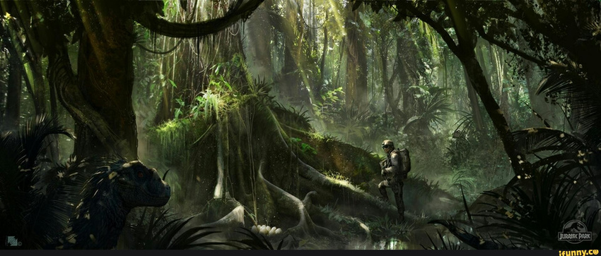 armor backpack confusion dinosaur egg gun helmet hiding human inspecting jurassic_park mammal moss planet ranged_weapon raptor roots scales theropod tree vines weapon