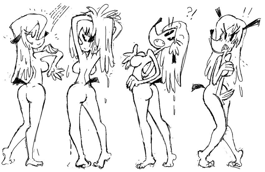 ! ?! angry anthro black_and_white breasts butt canine covering covering_self disney dog eyes_closed female hair looking_at_viewer looking_back mammal minus8 monochrome nude shower smile solo topsy wet