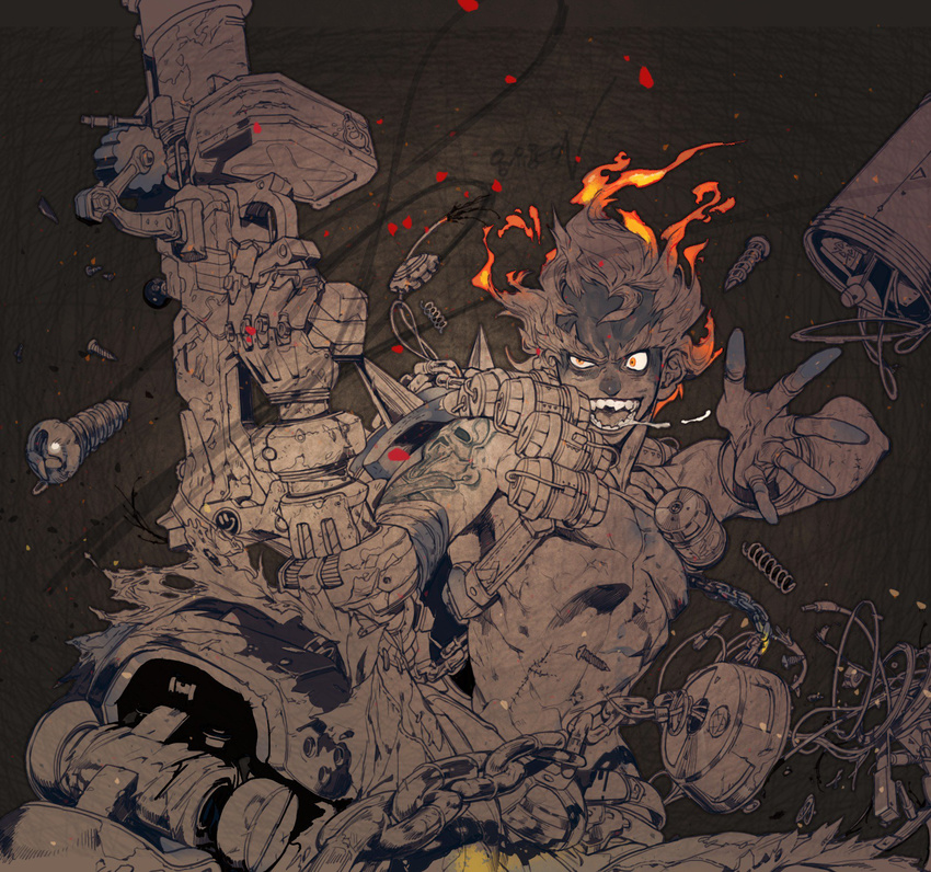 belt bomb cable explosive eyebrows fiery_hair fingerless_gloves fire glitter gloves grenade_launcher highres junkrat_(overwatch) male_focus mechanical_arm mechanical_leg muscle open_mouth orange_eyes overwatch pants pigeon666 saliva screw shirtless smile solo spikes spring_(object) teeth thick_eyebrows tire torn_clothes weapon