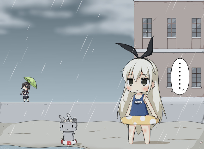 2girls ahoge black_hair black_serafuku blonde_hair commentary goma_(yoku_yatta_hou_jane) hairband innertube kantai_collection lifebuoy long_hair multiple_girls name_tag outdoors rain rensouhou-chan school_swimsuit school_uniform serafuku shigure_(kantai_collection) shimakaze_(kantai_collection) spoken_ellipsis swimsuit translated umbrella