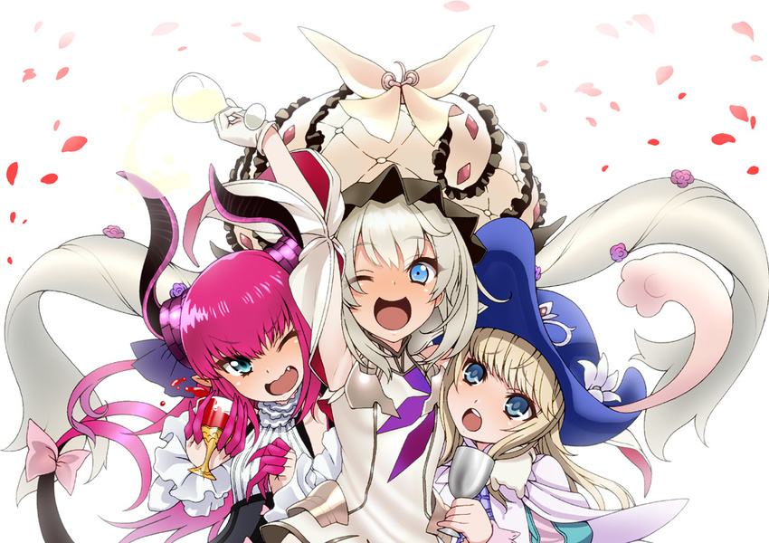 3girls ;d androgynous arm_up blue_eyes blush bow chevalier_d'eon_(fate/grand_order) cup demon_tail drinking_glass elizabeth_bathory_(fate) elizabeth_bathory_(fate)_(all) fate/extra fate/extra_ccc fate/grand_order fate_(series) flower girl_sandwich gloves hair_flower hair_ornament holding holding_cup horns isse long_hair marie_antoinette_(fate/grand_order) multiple_girls one_eye_closed open_mouth petals pink_bow pink_hair sandwiched silver_hair smile tail tail_bow twintails v-shaped_eyebrows very_long_hair white_background white_gloves wine_glass