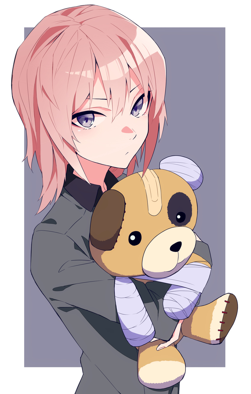 arm_sling bandages blue_eyes boko_(girls_und_panzer) girls_und_panzer grey_background highres itsumi_erika kofunami_nana kuromorimine_school_uniform pink_hair solo stuffed_animal stuffed_toy teddy_bear