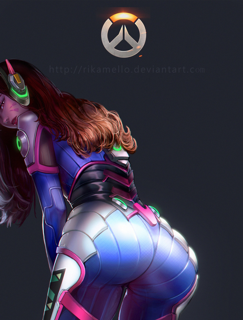 ass bodysuit brown_hair d.va_(overwatch) facial_mark from_behind headphones highres leaning_forward long_hair looking_back overwatch pilot_suit rikamello solo whisker_markings
