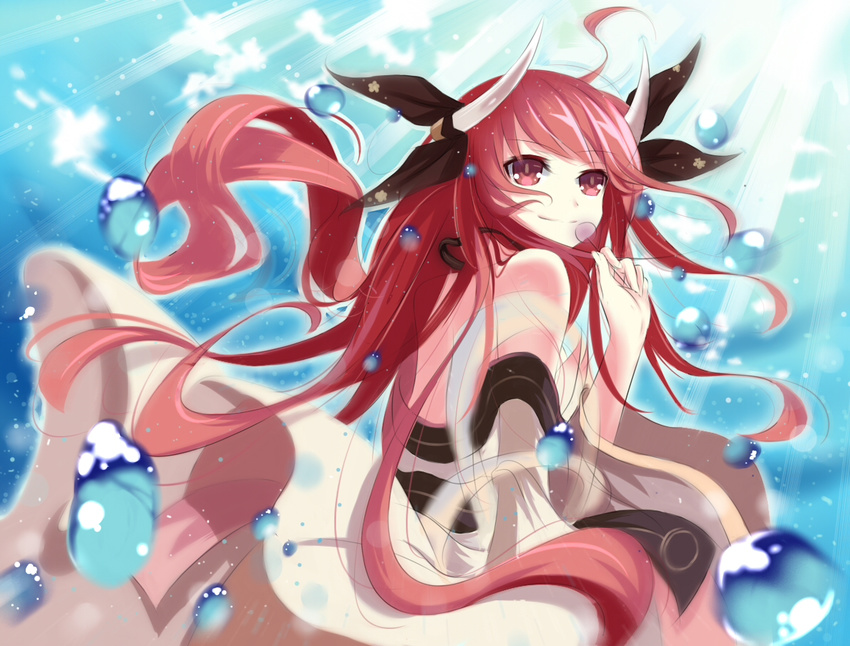 bad_id bad_pixiv_id brown_hair candy date_a_live dress food horns itsuka_kotori lollipop long_hair qingchen_(694757286) red_hair smile solo water