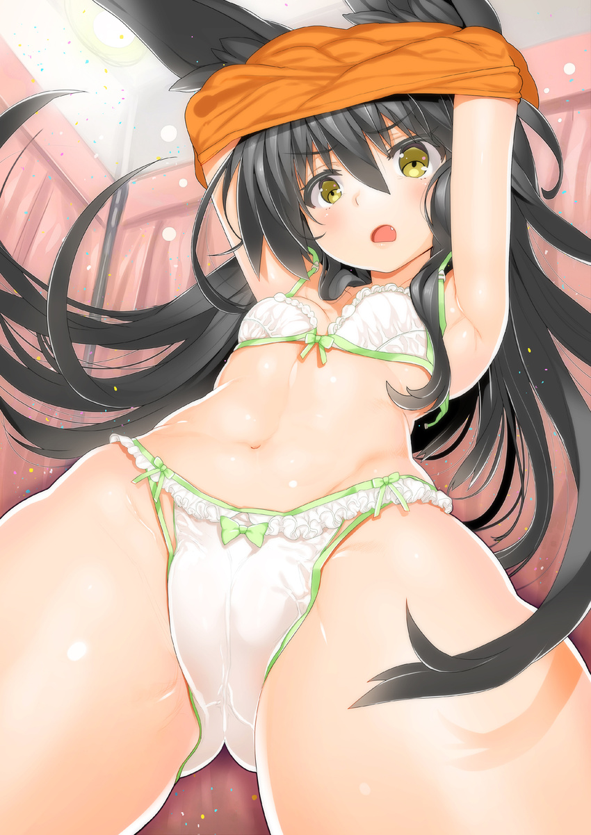 animal_ears arms_up ass_visible_through_thighs black_hair blush bow bow_bra bow_panties bra breasts char highres long_hair looking_at_viewer midriff navel necro-san open_mouth original panties shirt_lift small_breasts solo underwear undressing white_bra white_panties yellow_eyes
