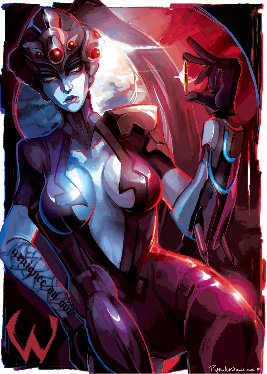 absurdres arm_tattoo bad_id bad_pixiv_id bodysuit breasts bullet cleavage collarbone email_address french gloves gun head_mounted_display highres large_breasts overwatch rifle riftka sniper_rifle solo tattoo traditional_media weapon widowmaker_(overwatch) yellow_eyes