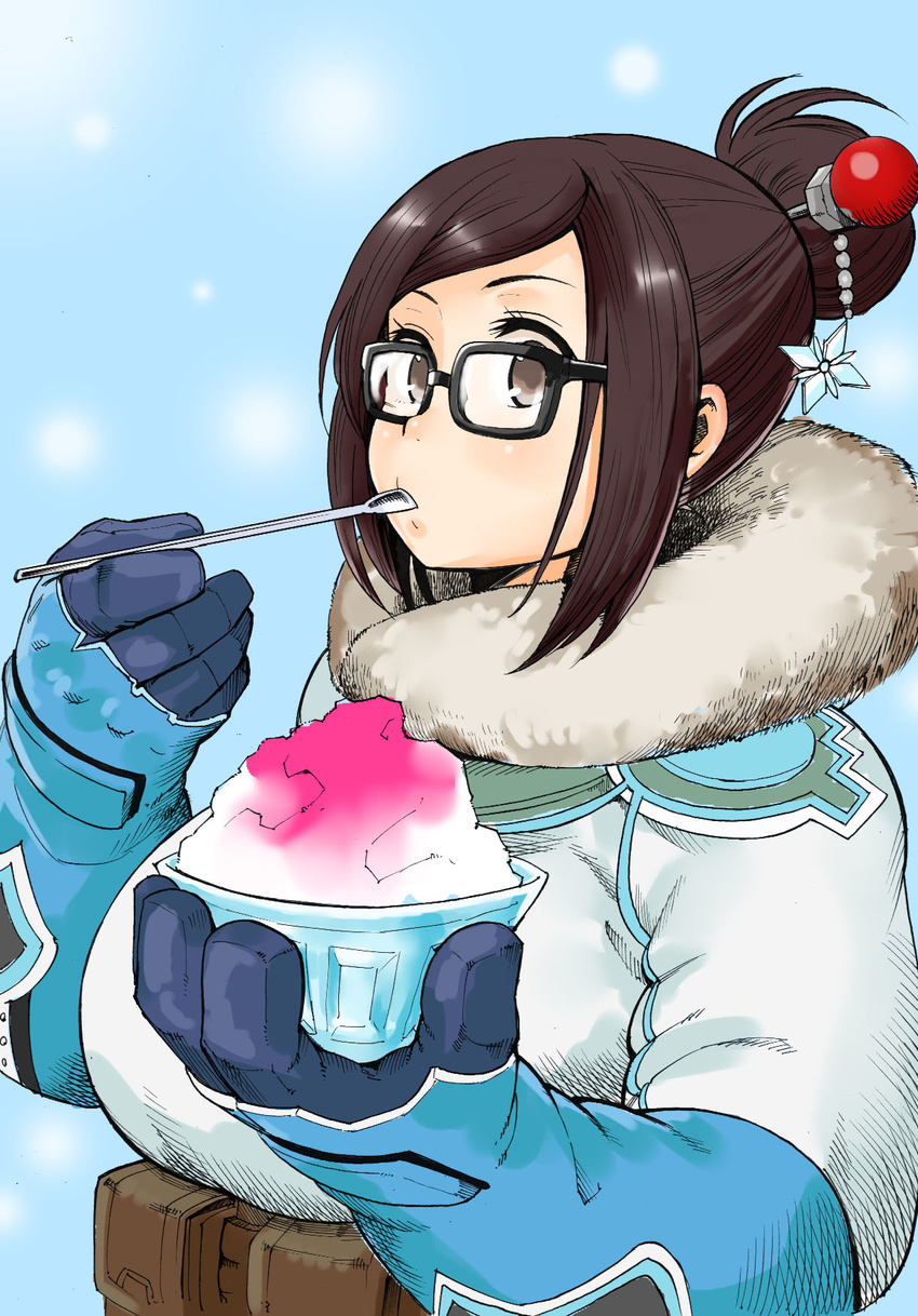 bangs beads belt belt_pouch black-framed_eyewear blue_gloves bowl breasts brown_belt brown_eyes brown_hair coat fur-trimmed_jacket fur_trim glasses gloves hair_bun hair_ornament hair_stick highres huge_breasts jacket long_sleeves looking_at_viewer mei_(overwatch) mouth_hold overwatch parka pouch shaved_ice short_hair sidelocks snowflake_hair_ornament solo spoon spoon_in_mouth swept_bangs upper_body utility_belt winter_clothes winter_coat yorudo_kaoru