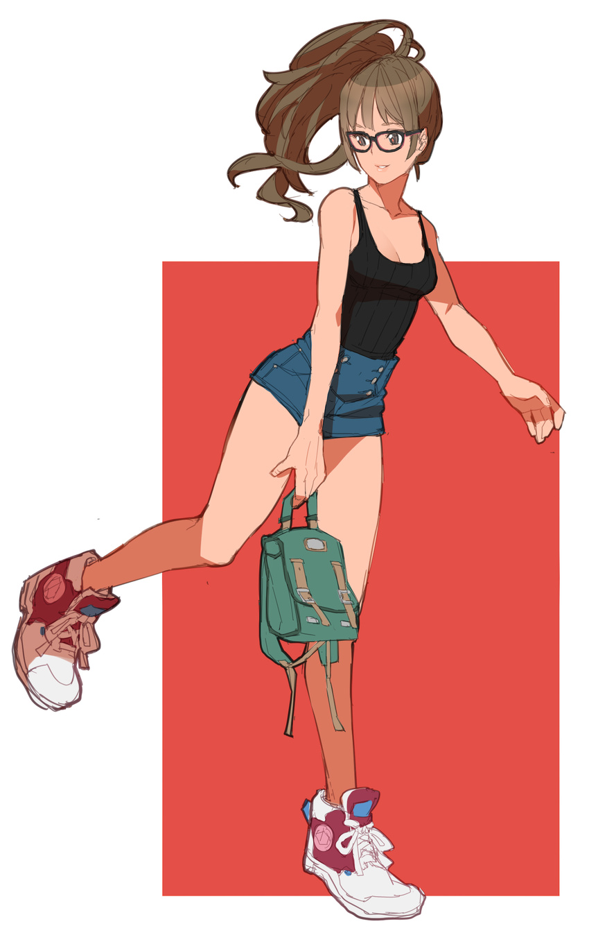 black-framed_eyewear breasts brown_eyes brown_hair cleavage full_body glasses glasses_girl_(makai) high_ponytail highres light_smile long_legs makai original shoes shorts small_breasts sneakers solo tank_top walking