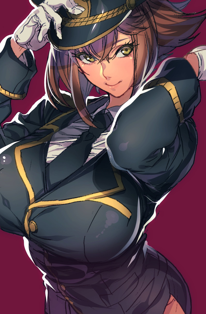 absurdres adjusting_clothes adjusting_hat alternate_costume bad_id bad_twitter_id breasts brown_hair gloves hat highres hohehohe kantai_collection large_breasts looking_at_viewer mutsu_(kantai_collection) necktie shirt short_hair side_slit simple_background smile solo uniform white_gloves white_shirt yellow_eyes