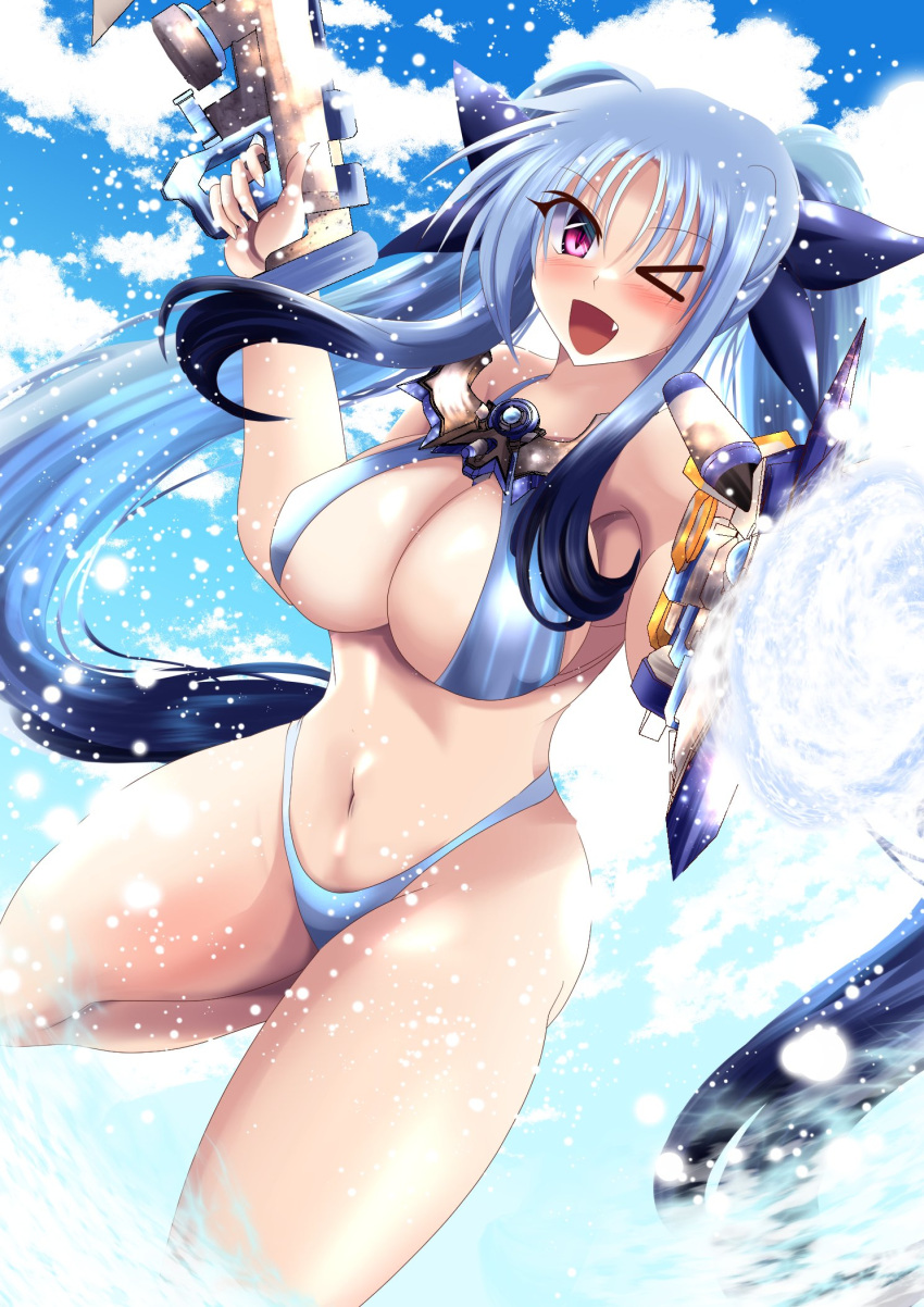 >_o 1girl :d armpits bikini blue_bikini blue_hair blue_sky breasts cloud commentary_request dual_wielding dutch_angle fang firing firing_at_viewer floating_hair full_cleavage hair_between_eyes highres holding holding_water_gun large_breasts levi_the_slasher long_hair long_sidelocks looking_at_viewer lyrical_nanoha mahou_shoujo_lyrical_nanoha_detonation navel one_eye_closed open_mouth outdoors pink_eyes sideboob sidelocks sky slingshot_swimsuit smile solo splashing stomach swimsuit tsurime twintails underboob upper_body v-shaped_eyebrows very_long_hair w00l_09 water water_gun wet_lens wispy_bangs
