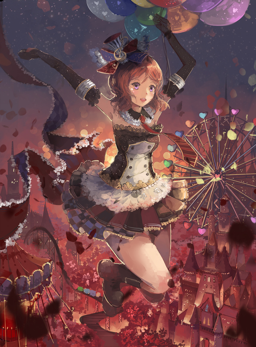 amusement_park arms_up balloon cafe_maid carousel castle dress elbow_gloves ferris_wheel flying gloves hair_ornament hat heart heart-shaped_pupils highres love_live! love_live!_school_idol_project necktie nishikino_maki petals pleated_skirt purple_eyes qianqian red_hair roller_coaster rose_petals skirt solo symbol-shaped_pupils