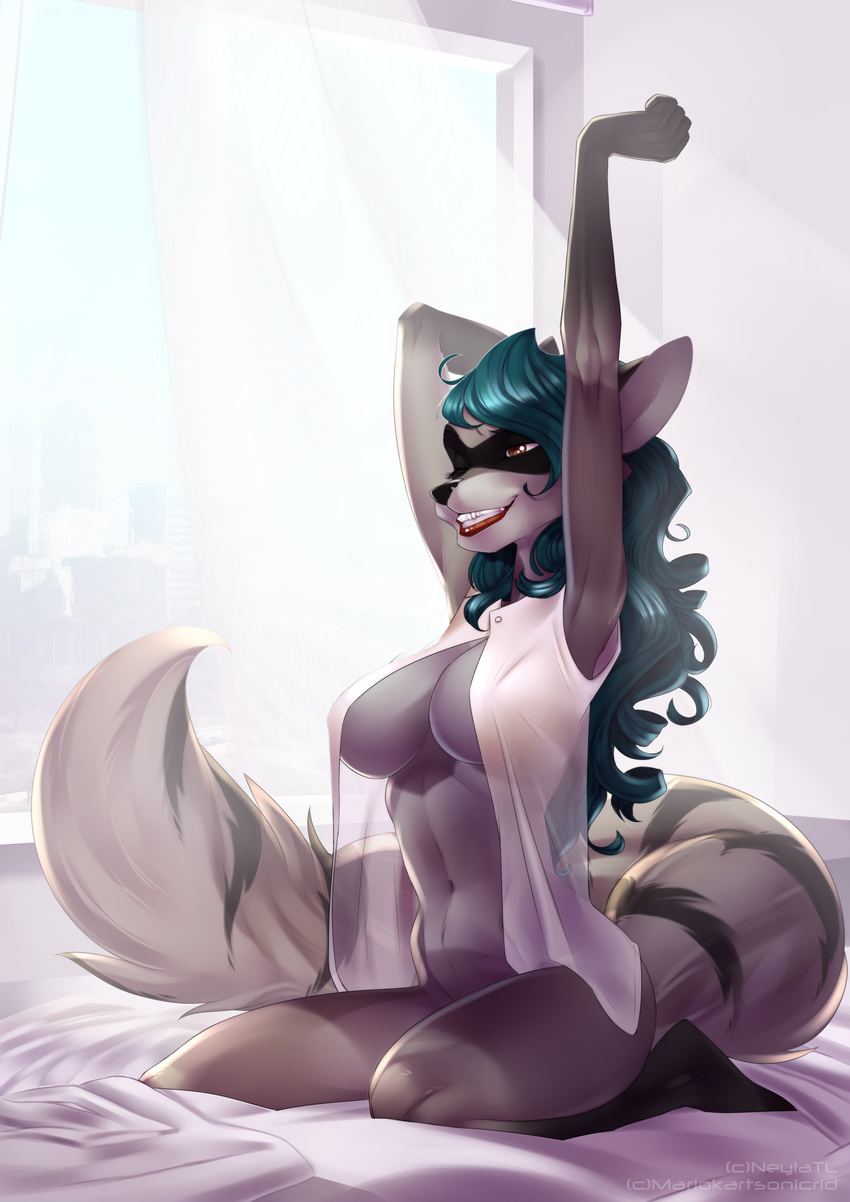 absurd_res anthro armpits big_breasts breasts clothed clothing female hands_above_head hi_res kneeling mammal mostly_nude navel neylatl one_eye_closed open_shirt raccoon smile solo stretching striped_tail stripes teeth