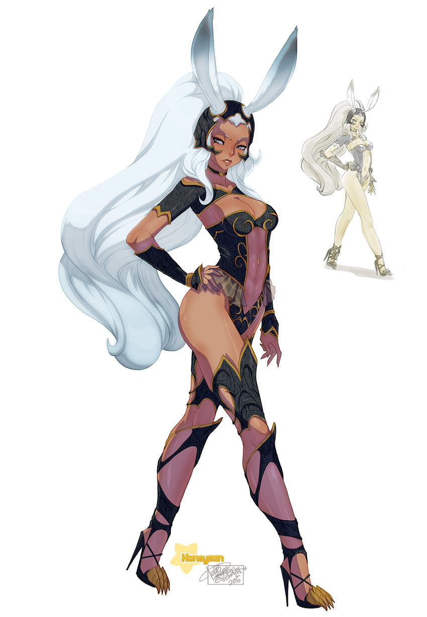 animal_ears armor big_hair breasts bunny_ears center_opening cleavage dark_skin final_fantasy final_fantasy_xii fran full_body hand_on_hip high_heels highres large_breasts long_hair navel silver_hair solo stiletto_heels stomach tovio_rogers very_long_hair viera walking zoom_layer