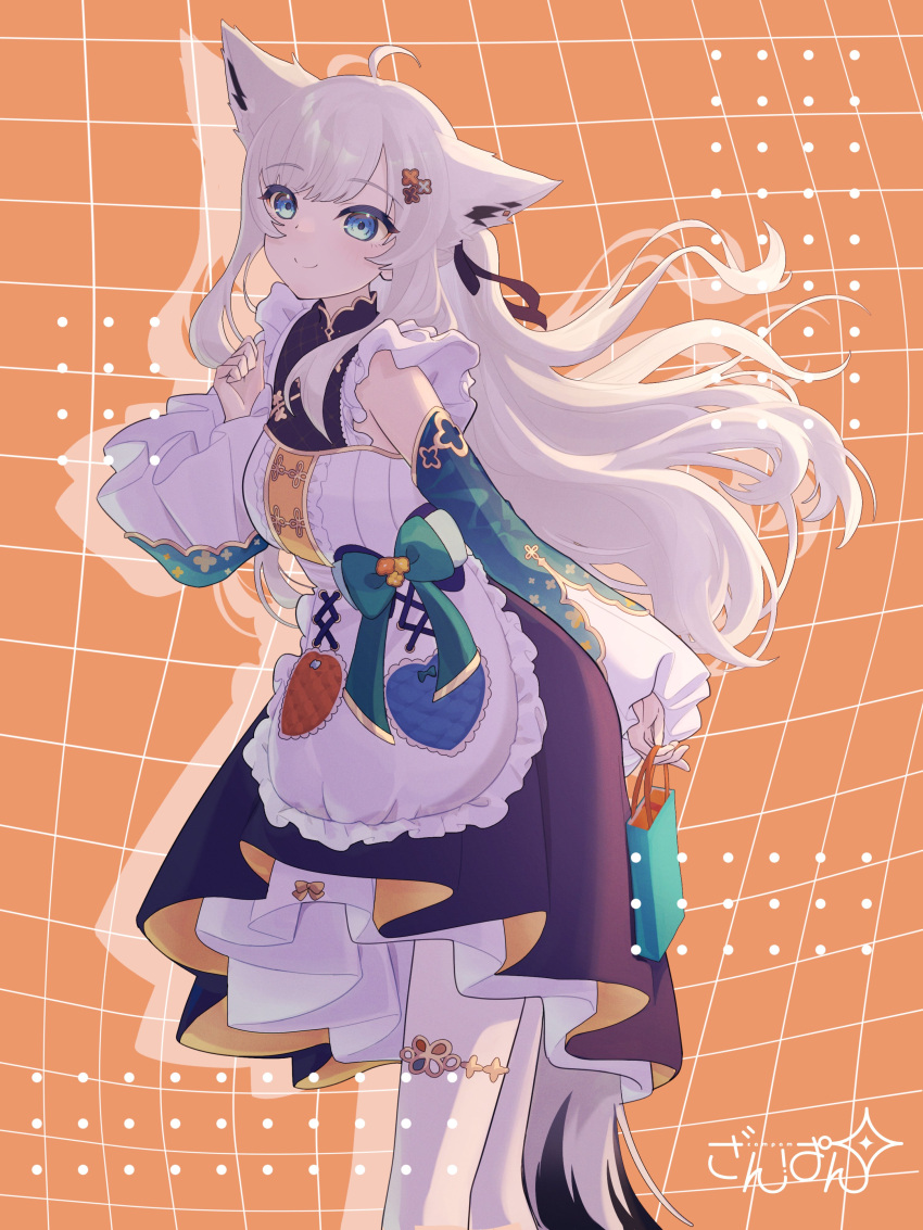 1girl absurdres ahoge animal_ears apron aqua_eyes bag bow closed_mouth commentary_request detached_sleeves dress feet_out_of_frame fox_ears fox_girl fox_tail frilled_apron frilled_sleeves frills from_side grid_background hair_ornament hand_up highres hololive ku_zam layered_dress long_hair long_sidelocks looking_at_viewer orange_background pantyhose shirakami_fubuki shirakami_fubuki_(waitress) shopping_bag sidelocks signature smile solo tail virtual_youtuber white_hair white_pantyhose