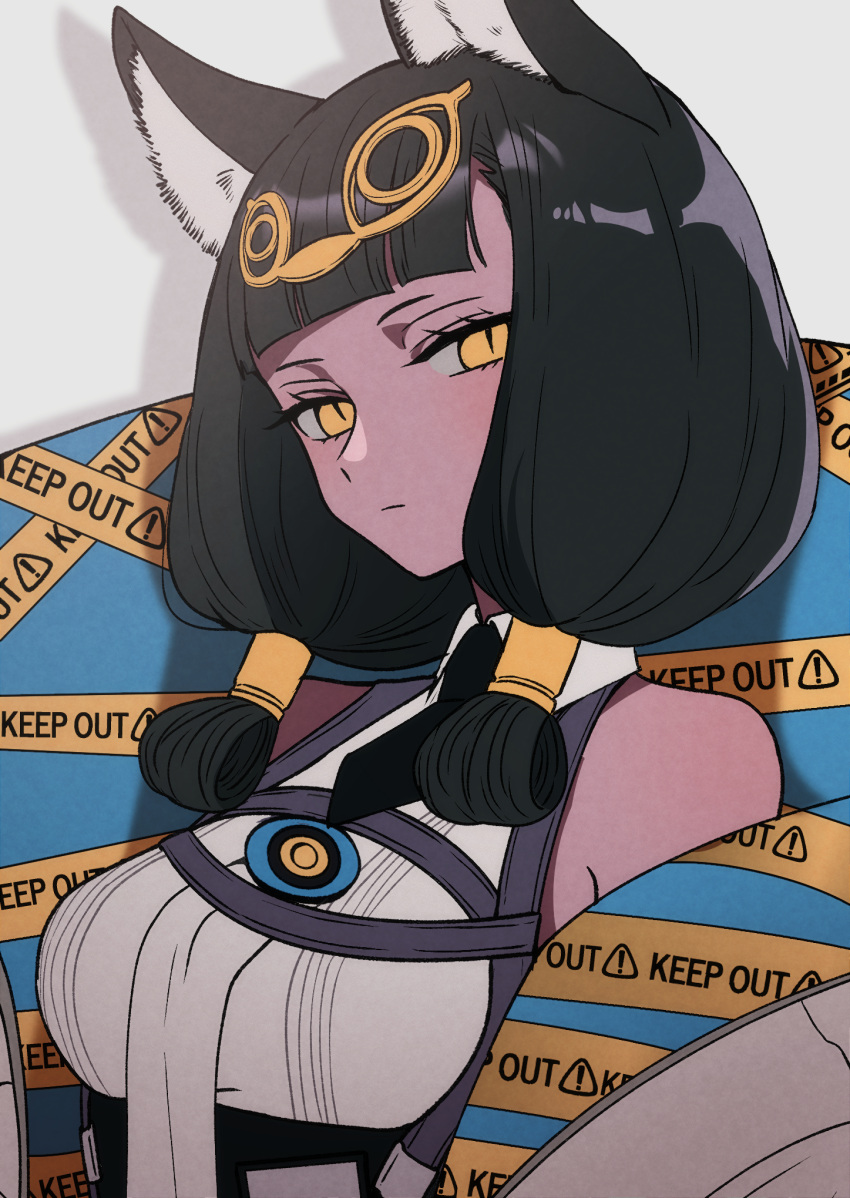 1girl animal_ear_fluff animal_ears arknights bare_shoulders black_hair black_necktie blue_jacket blunt_bangs breasts closed_mouth clothes_writing collared_shirt commentary gold_jewelry grey_background grey_jacket hair_ornament hair_tubes highres jacket keep_out kurloves looking_at_viewer medium_hair necktie shirt short_necktie simple_background sleeveless sleeveless_shirt solo titi_(arknights) two-sided_fabric two-sided_jacket upper_body white_shirt yellow_eyes