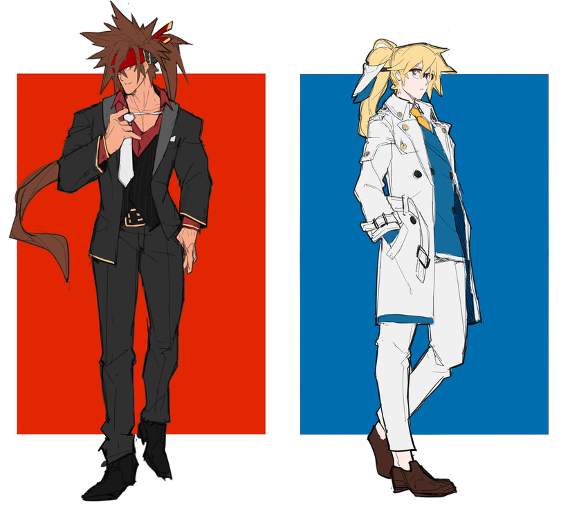 absurdres bespectacled blonde_hair blue_eyes brown_hair formal full_body glasses guilty_gear guilty_gear_xrd hands_in_pockets headband highres ky_kiske long_coat long_hair makai male_focus multiple_boys over-rim_eyewear red-framed_eyewear red_eyes semi-rimless_eyewear shirt sol_badguy spiked_hair suit