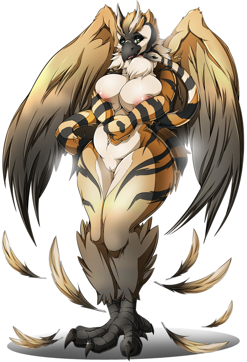 2016 anthro avian beak big_breasts breasts feathered_wings feathers female gryphon hi_res nude pussy simple_background smile solo suddenhack wings