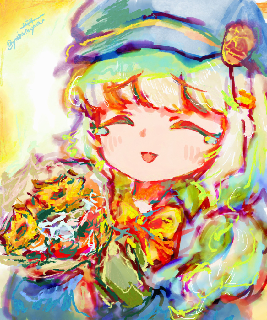 1girl absurdres aoba_(blue_archive) birthday blue_archive blue_hat blue_jacket bouquet bow bowtie brown_shirt closed_eyes collar collared_shirt commentary flower fluffy_hair halo happy_birthday hat highres holding holding_bouquet jacket light_blush long_sleeves low_twintails newsboy_cap orange_halo peaked_cap shirt solo tears twintails yellow_flower yellow_halo yubanayuna