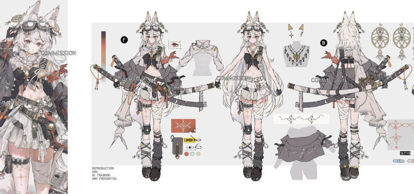 1girl animal_ears asymmetrical_legwear black_jacket black_shirt black_shoes black_socks commentary_request commission cropped_shirt fox_ears fox_girl fox_tail full_body goggles goggles_on_head highres jacket leg_wrap long_hair multiple_views off_shoulder open_clothes open_jacket paredo red_eyes reference_sheet scabbard sheath shirt shoes skirt socks tail very_long_hair white_hair white_skirt white_socks
