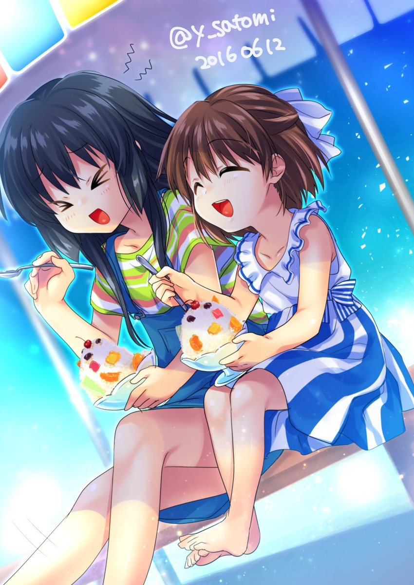 &gt;_&lt; 2girls :d ^_^ barefoot beach_umbrella black_hair blush brain_freeze brown_hair cherry clannad closed_eyes collarbone dated dress dutch_angle food from_side fruit half_updo highres holding holding_spoon ibuki_fuuko multicolored multicolored_stripes multiple_girls number okazaki_ushio open_mouth orange orange_slice overalls satomi_yoshitaka shaved_ice shirt short_sleeves sitting smile spoon striped striped_dress striped_shirt twitter_username umbrella vertical-striped_dress vertical_stripes